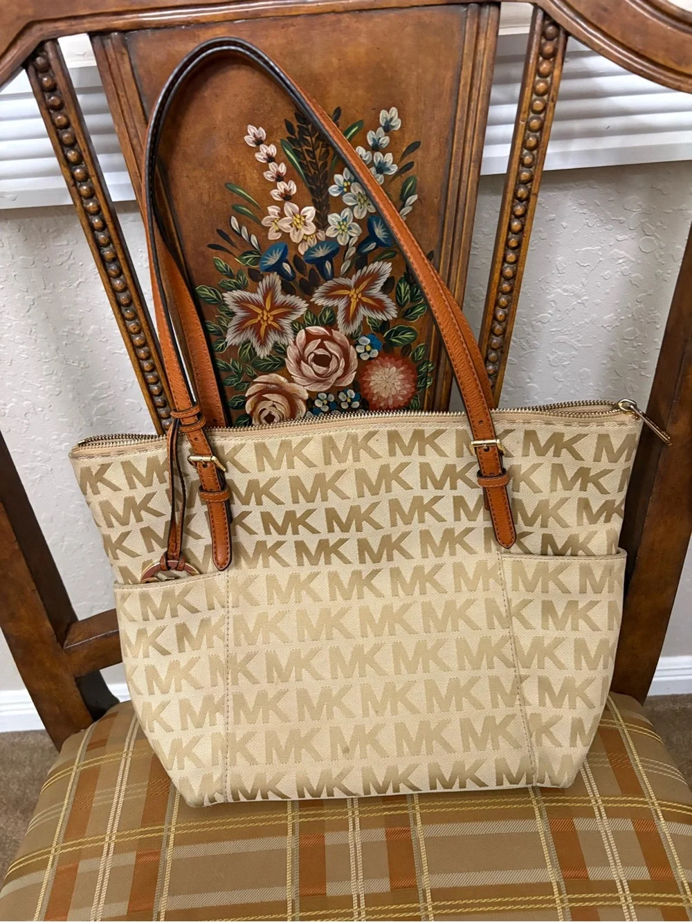 Michael Kors Cream Signature MK Tote with Tan Leather Straps